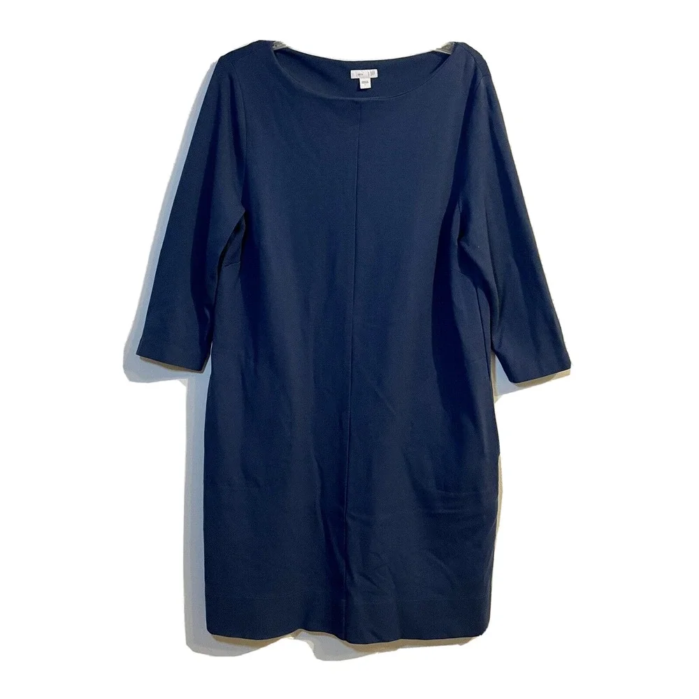 SOLD J Jill Ponte Dress Size Large Solid Navy Shift Knit 3/4 Sleeve Pockets S… - Picture 1 of 8